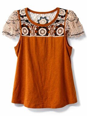 Anthropologie Boho Crochet Lace Top Medium Rust Floral Festival Blouse